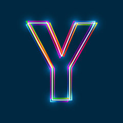 Poster - Letter Y - Vector multicolored outline font with glowing effect isolated on blue background. EPS10