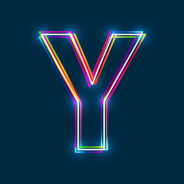 Letter Y - Vector multicolored outline font with glowing effect isolated on blue background. EPS10