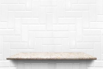 Sticker - Empty white marble shelf at white ceramic tile wall background,Mock up for display or montage of product or design