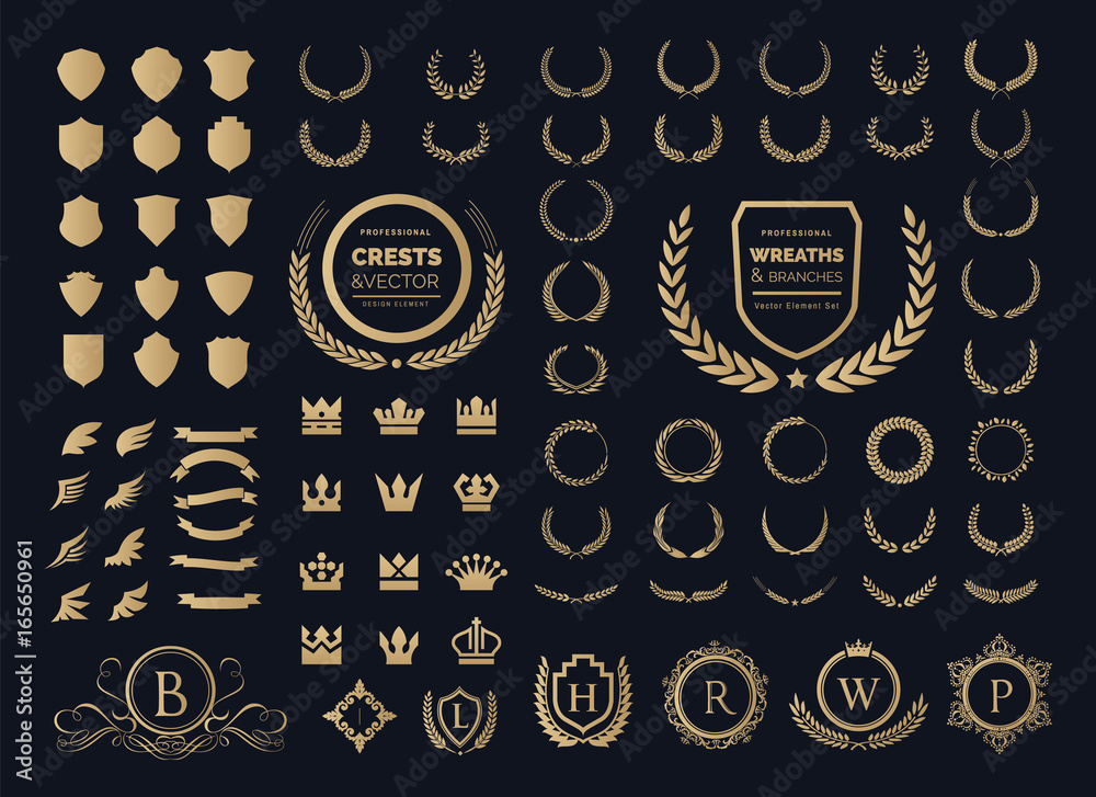Luxury logo set. Crest logo element, Crown, Wing, Emblem, Heraldic Monogram. Vintage logo design elements. - obrazy, fototapety, plakaty 
