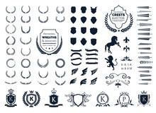 Vintage Crest Logo Element Set, Coat Of Arms, Award Laurel Wreaths And Branches ,vector Illustration.