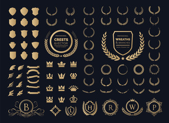Wall Mural - Luxury logo set. Crest logo element, Crown, Wing, Emblem, Heraldic Monogram. Vintage logo design elements.