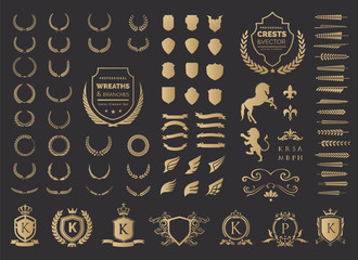 luxury logo set. crest logo element, crown, wing, emblem, heraldic monogram. vintage logo design ele