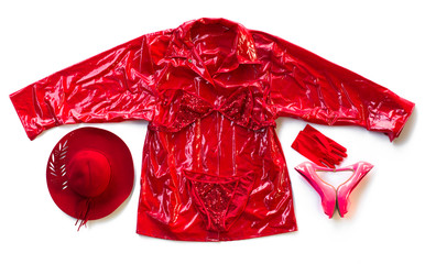 Poster - Red underwear sexy lingerie, red women's raincoat, red hat and red shoes