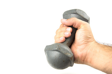 Wall Mural - Man hand holding dumbbell on  white background.