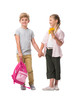 © LIGHTFIELD STUDIOS - happy adorable children holding backpack and yellow flowers while standing together and holding hands isolated on white