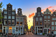 Beautiful Sunset At One Of Nine Little Streets In Amsterdam, The Netherlands
