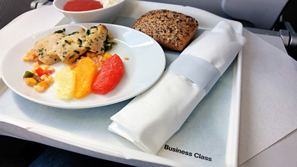 Lunch in the business class on board the aircraft