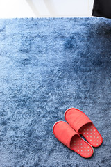 Wall Mural - red slipper shoe on blue carpet floor softness mat