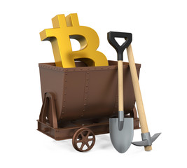 Sticker - Mining Cart, Pick Axe, Shovel with Bitcoin Symbol Isolated