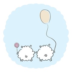 two loving sheep with balloon and candy on a blue background. Vector illustration. 