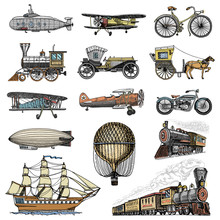 Submarine, Boat And Car, Motorbike, Horse-drawn Carriage. Airship Or Dirigible, Air Balloon, Airplanes Corncob, Locomotive. Engraved Hand Drawn In Old Sketch Style, Vintage Passengers Transport.