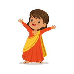 Sticker - Girl wearing sari dress national costume of India colorful character vector Illustration