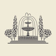 Icon of a stylized vintage Park fountain with steps and trees. Flat vector isolated silhouette.