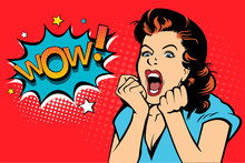 Sexy Surprised Blonde Pop Art Woman With Wide Open Eyes And Mouth And Rising Hands Screaming. Vector Background In Comic Retro Pop Art Style. Party Invitation.