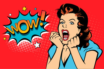 Sexy surprised blonde pop art woman with wide open eyes and mouth and rising hands screaming. Vector background in comic retro pop art style. Party invitation.