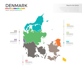  Denmark country map infographic colored vector template with regions and pointer marks