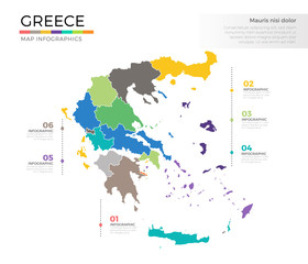  Greece country map infographic colored vector template with regions and pointer marks