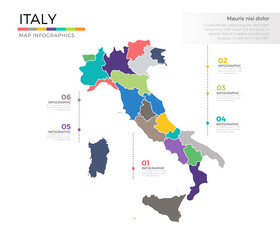  Italy country map infographic colored vector template with regions and pointer marks