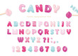 Candy glossy font design. Pastel pink and blue ABC letters and numbers. Sweets for girls.