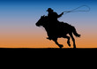 © puckillustrations - Rodeo competition tournament, sunset background. poster cowboy and lasso on the horse