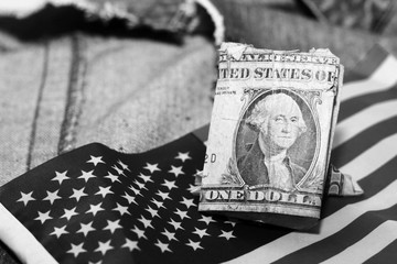 american dollars bills on flag background