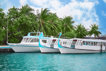 Canvas Print - Berth with modern boats at tropical resort