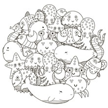 Underwater Circle Shape Pattern For Coloring Book. Cute Sea Animals. Vector Illustration