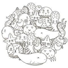 Underwater circle shape pattern for coloring book. Cute sea animals. Vector illustration