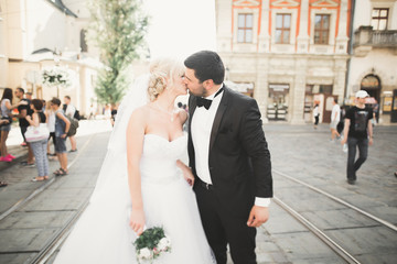 Luxury married wedding couple, bride and groom posing in old city