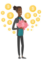 Poster - Young african businessman holding a piggy bank.