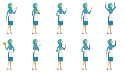 Wall Mural - Young muslim cleaner vector illustrations set.