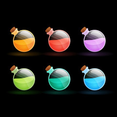 icons set of colorful bottles with magic potion inside and with wooden stopper for game development.