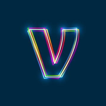 Greek Small Letter Nu - Vector multicolored outline font with glowing effect isolated on blue background. EPS10