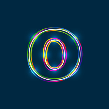 Greek Small Letter Omicron - Vector multicolored outline font with glowing effect isolated on blue background. EPS10