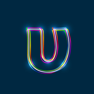 Greek Small Letter Upsilon - Vector multicolored outline font with glowing effect isolated on blue background. EPS10