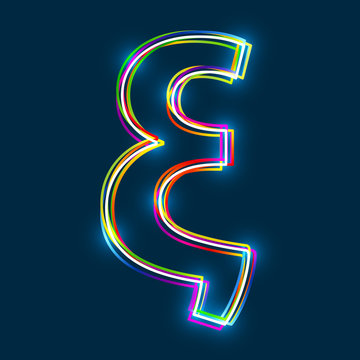 Greek Small Letter Xi - Vector multicolored outline font with glowing effect isolated on blue background. EPS10