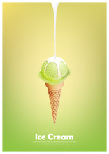 Green Ice Cream Cone, Pour Milk Syrup, Lemon Lime And Green Tea Flavor, Vector Illustration