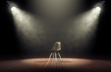 Spotlights illuminate empty stage with chair in dark background. 3d rendering