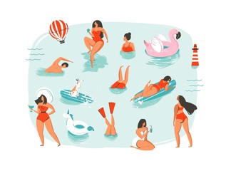 Sticker - Hand drawn vector abstract cartoon summer time fun swimming people group collection illustrations set isolated on blue ocean waves