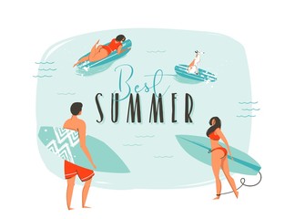 Wall Mural - Hand drawn vector abstract cartoon summer time fun illustration with happy surfers family with long boards and modern typography quote