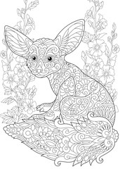 Wall Mural - Coloring page. Fennec fox and mallow flowers. Freehand sketch drawing for adult antistress colouring book in zentangle style.