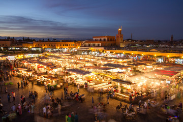 Jamaa el Fna market square at dusk, Marrakesh, Morocco, north Africa. Jemaa el-Fnaa, Djema el-Fna or Djemaa el-Fnaa is a famous square and market place in Marrakesh's medina quarter.