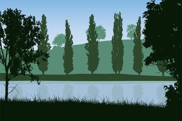 Vector illustration of landscape with river and trees on the shore under blue sky, layered