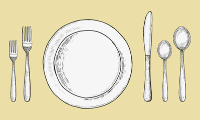 Wall Mural - Cutlery forks and spoons with knives and plates vector. Sketch hand drawing. illustration