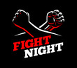 Vector clenched fists fight MMA, kick boxing, karate sport night cage show illustration on dark background. Athletes square off concept poster template. Red, black, white design.