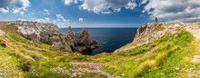Panorama Of Pointe Du Pen-Hir With World War Two Monument To The Bretons Of Free France On The Crozon Peninsula, Finistere Department. Brittany (Bretagne), France.