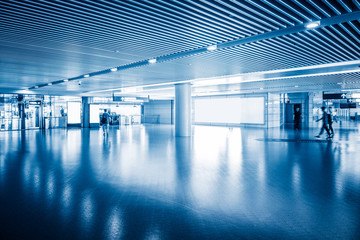 Sticker - modern building hallway with marbled floor,blue toned,china.