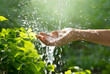 canvas print picture - Water pouring in woman hand on nature background, environment concept