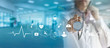 © ipopba - Medicine doctor and stethoscope in hand touching icon medical network connection   with modern virtual screen interface, medical technology network concept